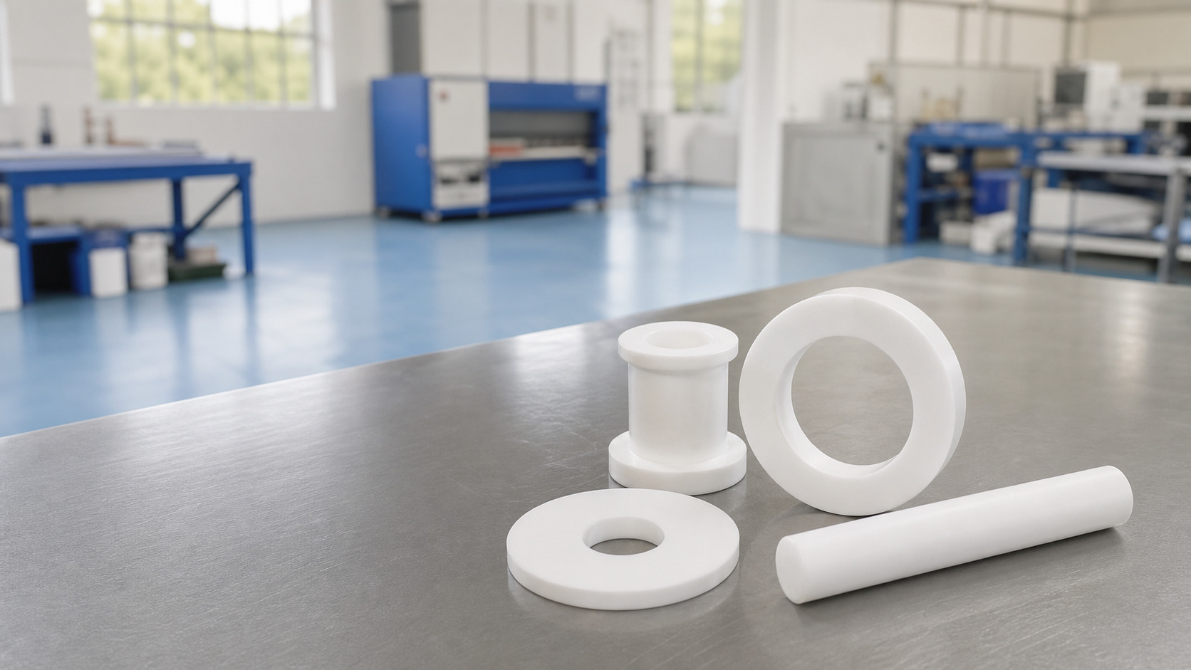 Componentes industriales de PTFE sobre una mesa de trabajo profesional iluminada con luz natural.