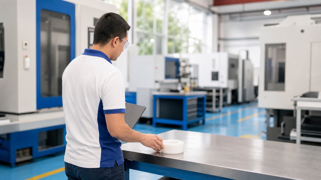 Técnico de perfil revisando una pieza blanca de PTFE en un taller industrial luminoso.
