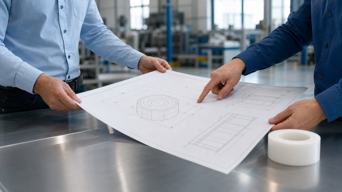 Dos profesionales revisando un plano técnico de una pieza de PTFE junto a una muestra blanca en un taller industrial.